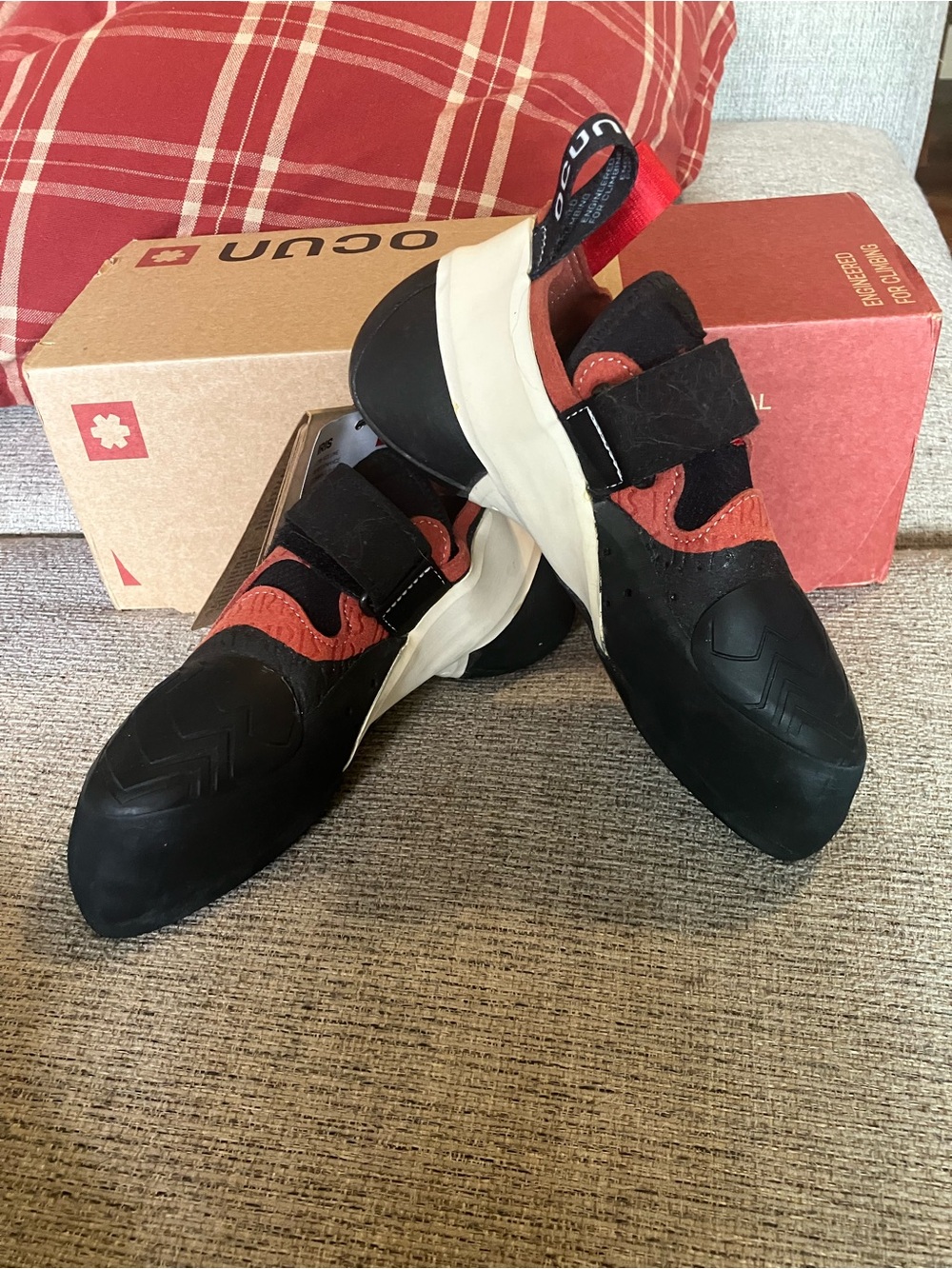 Women’s Red & Black Climbing Shoes — Hook-and-Loop Athletic Fit